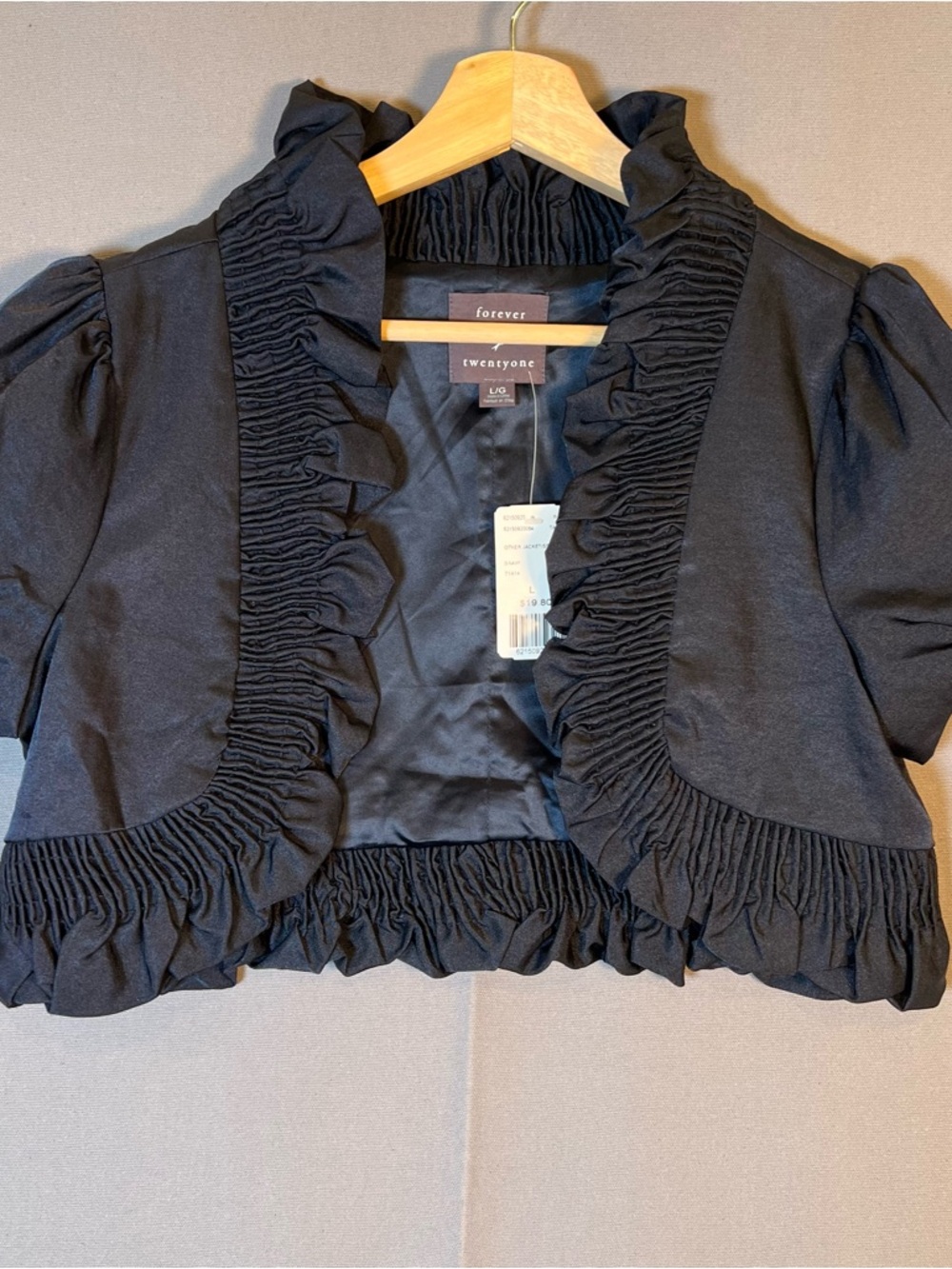 Forever 21 Navy Cropped Bolero Jacket Shrug Womens SzL Short Sleeve Ruffle Trim